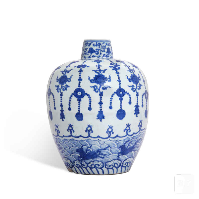 A blue and white 'sea horse' jar, Mark and period of Jiajing | 明嘉靖 青花瓔珞海馬紋罐 《大明嘉靖年製》款